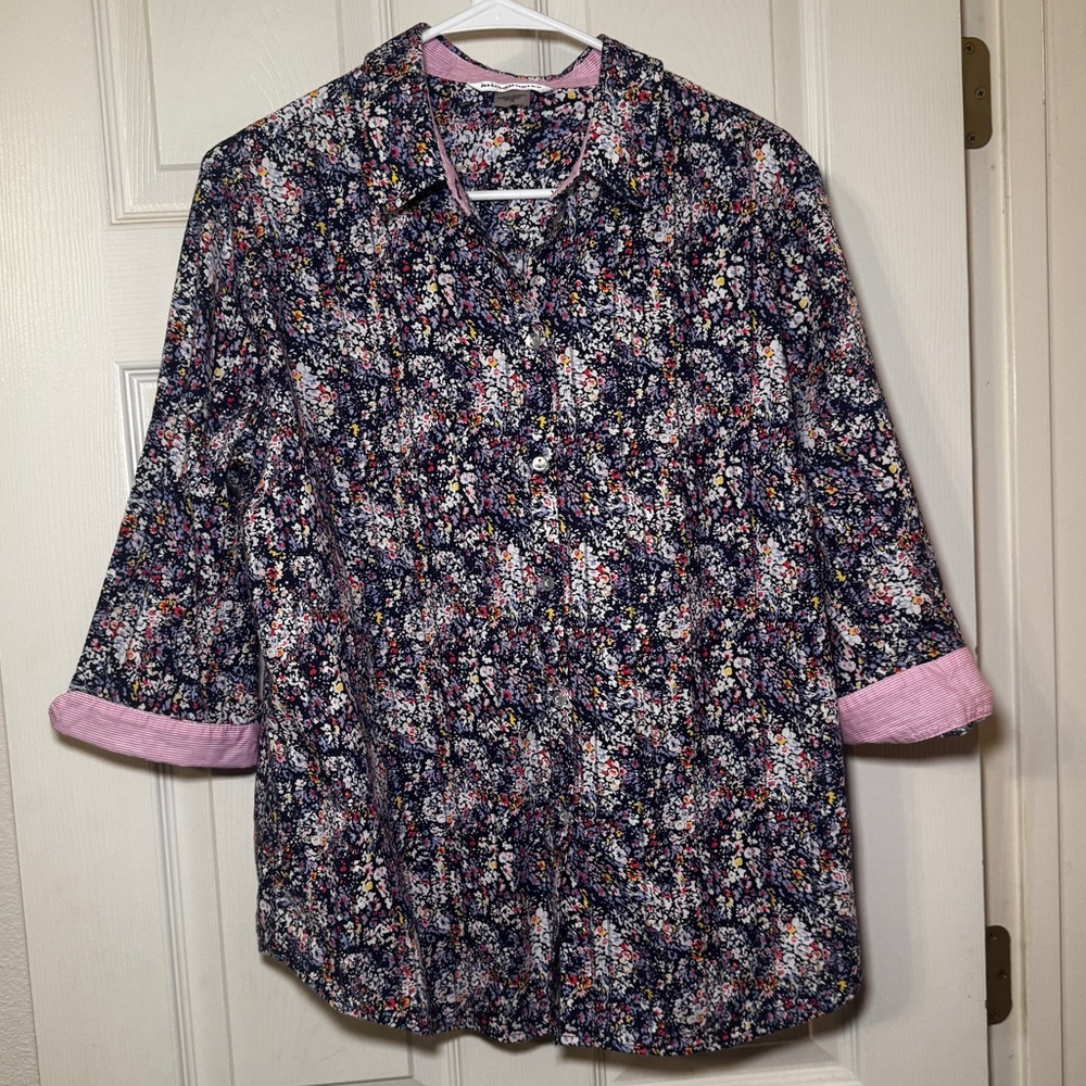 Allison Daley Women’s Plus 16 Navy Floral 3/4 Sleeve Blouse Pink Stripe Cuffs